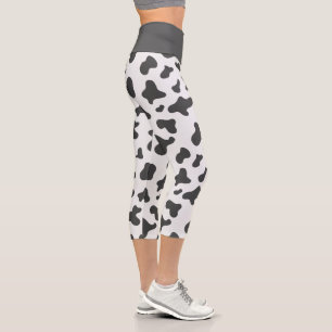 Cute Black White Cow Print Spotted Cowhide Pattern Capri Leggings