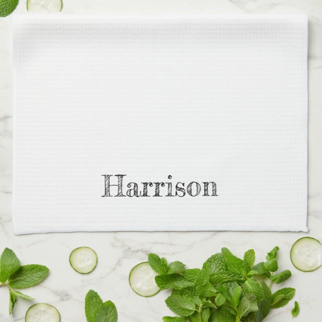 Cute black & white custom name text monogram  kitchen towel (Folded)