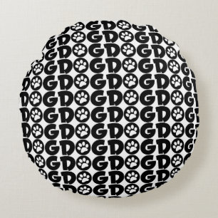 Cute Black & White - Dog / Paw Print Round Pillow