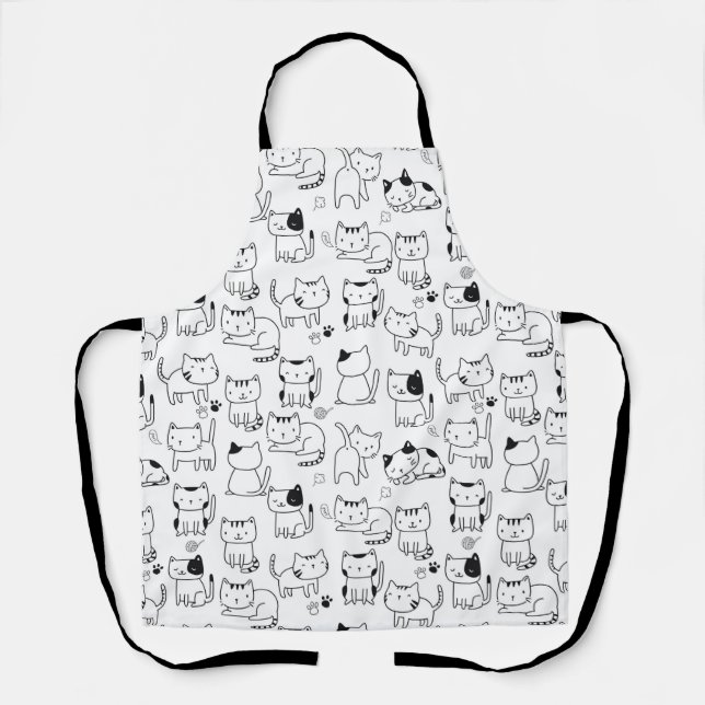 Cute Black White Doodle Cats Pattern Apron (Front)