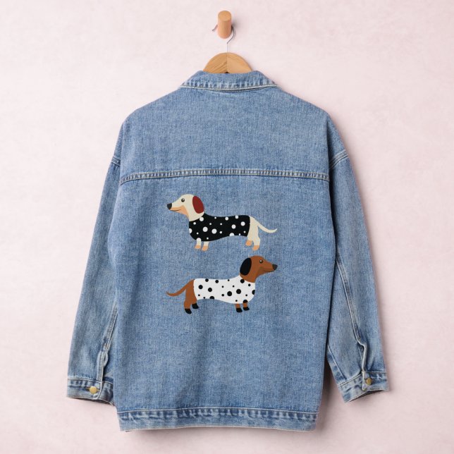 Cute Black & White Dots Dachshund Dogs Pets Denim Jacket (Hangar)