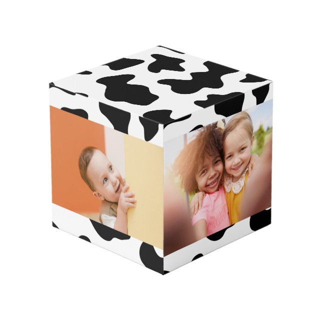 Cute black white farm animal cow print photo cube (Front Angled)