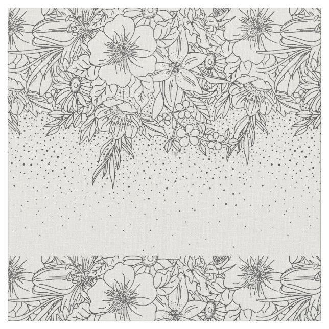 Cute Black White floral doodles and confetti Fabric (Close Up)