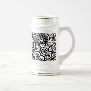 Cute black white floral paisley beer stein