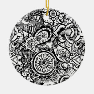 Cute black white floral paisley ceramic ornament