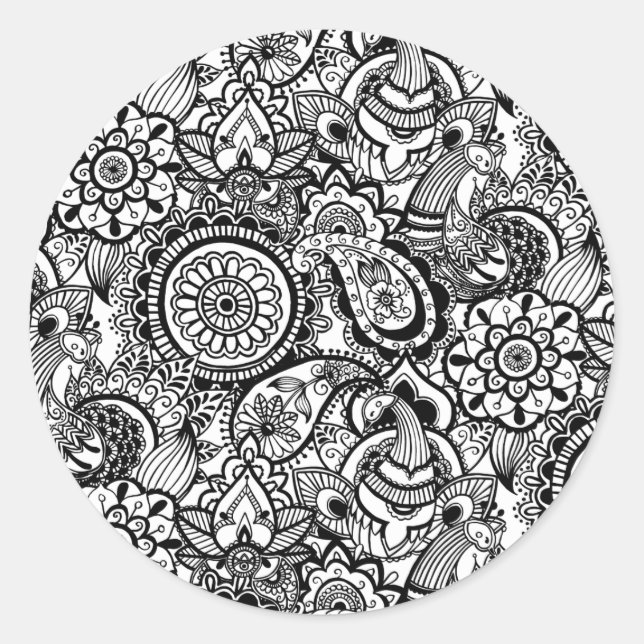 Cute black white floral paisley classic round sticker (Front)