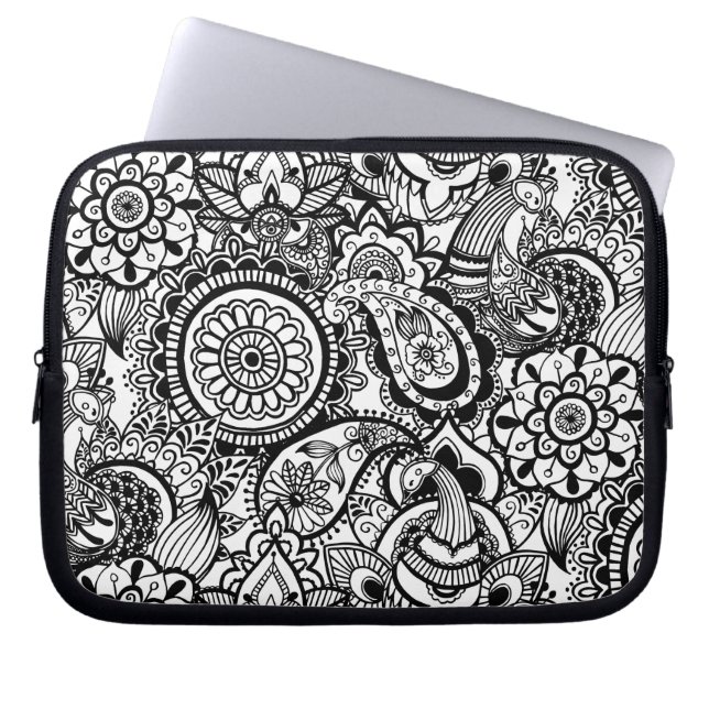 Cute black white floral paisley laptop sleeve (Front)