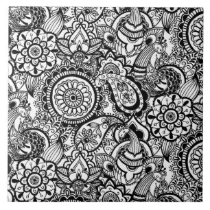 Cute black white floral paisley tile