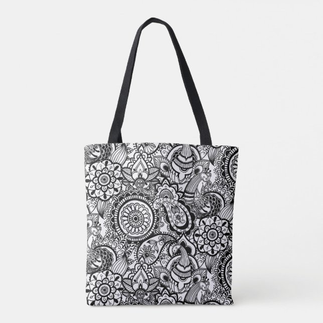 Cute black white floral paisley tote bag (Back)
