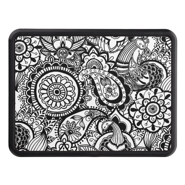 Cute black white floral paisley trailer hitch cover (Front)