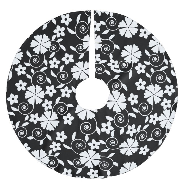 Cute black white flowers pattern brushed polyester tree skirt (Front)
