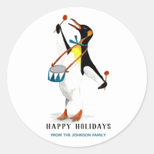 Cute Black&white fun penguin musician with drums Classic Round Sticker