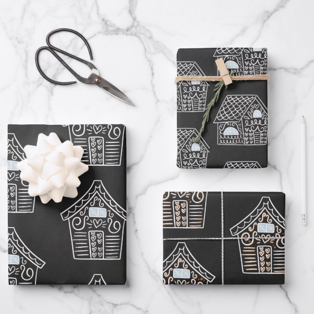 Cute Black White GingerBread House Christmas Gift Wrapping Paper Sheet (Front)