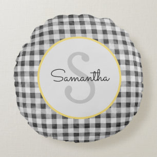 Cute Black & White Gingham Personalized Monogram Round Pillow