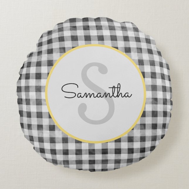 Cute Black & White Gingham Personalized Monogram Round Pillow (Front)