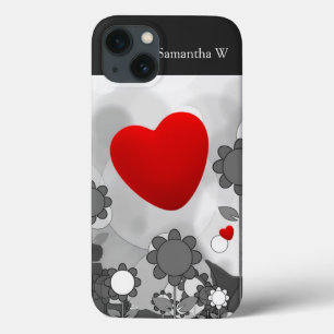 Cute Black/White/Gray Flowers w/Big Red Heart iPhone 13 Case