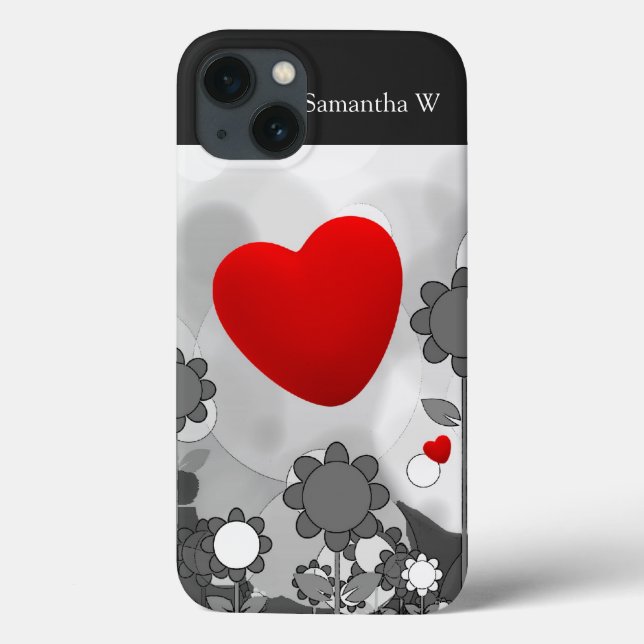 Cute Black/White/Gray Flowers w/Big Red Heart Case-Mate iPhone Case (Back)