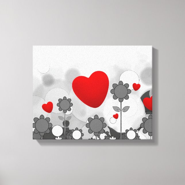 Cute Black/White/Grey Flowers w/Big Red Heart Canvas Print (Front)