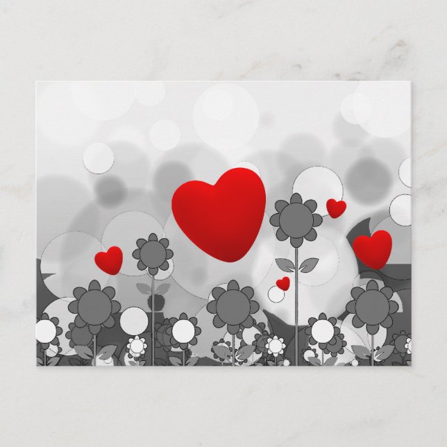 Cute Black/White/Grey Flowers w/Big Red Heart Postcard (Front)