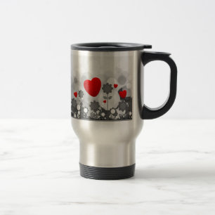 Cute Black/White/Grey Flowers w/Big Red Heart Travel Mug