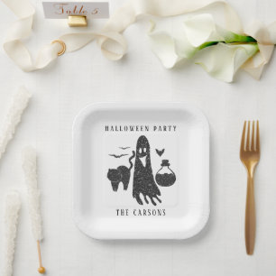Cute Black White Halloween Ghost Bats Cat Witch Paper Plate