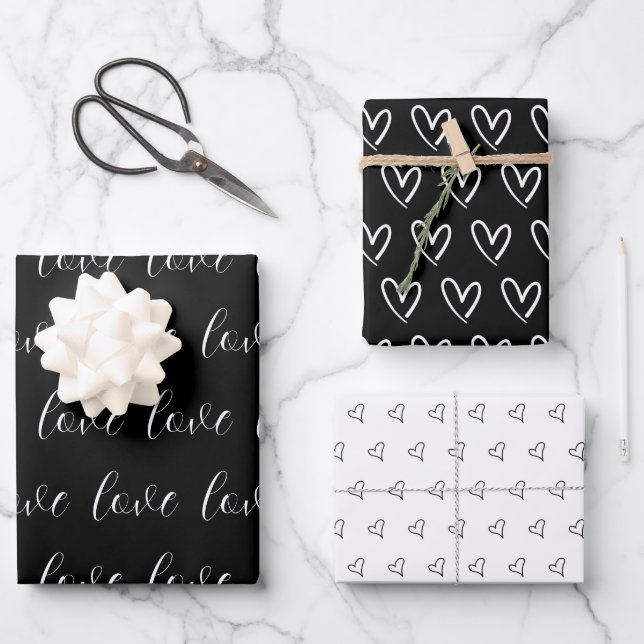 Cute Black White Hearts Pattern Valentine Modern W Wrapping Paper Sheet (Front)