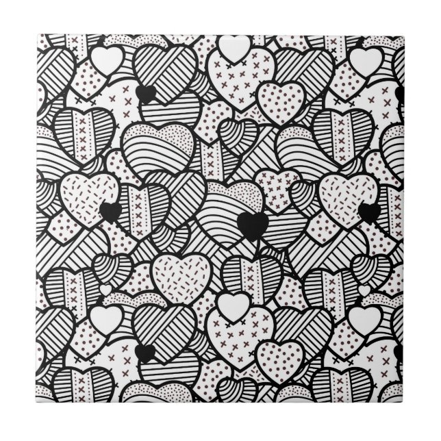 Cute black white hearts patterns tile (Front)