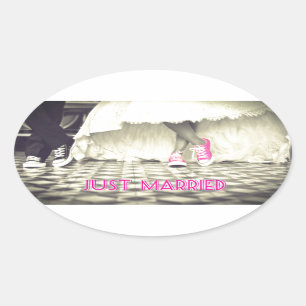 Cute Black White Just Married Oval Sticker
