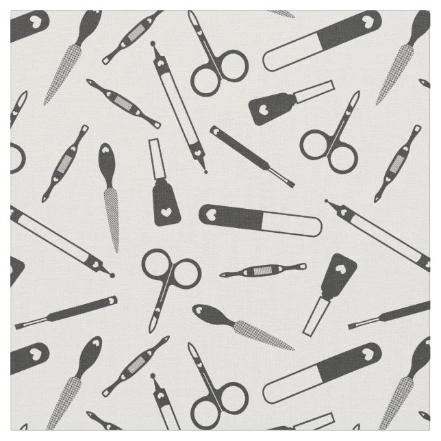 Cute Black White Manicurist Tools Pattern Fabric (Close Up)