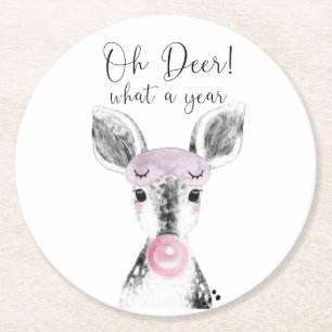 Cute Black & White Oh Deer What A Year Quote Round Paper Coaster