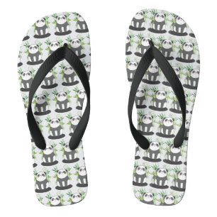 Cute Black & White Panda in Bamboo Pattern Flip Flops