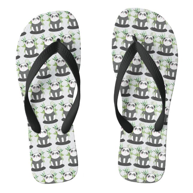 Cute Black & White Panda in Bamboo Pattern Flip Flops (Footbed)