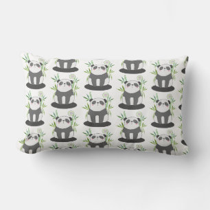 Cute Black & White Panda in Bamboo Pattern Lumbar Pillow