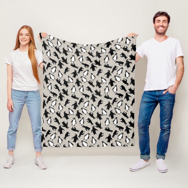 Cute black white penguin pattern grey background fleece blanket (In Situ)