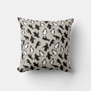 Cute black white penguin pattern grey background throw pillow