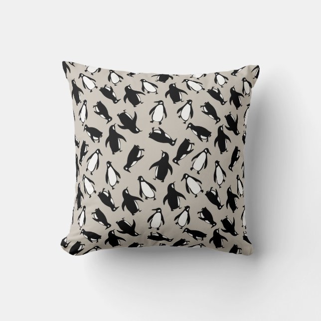 Cute black white penguin pattern grey background throw pillow (Front)