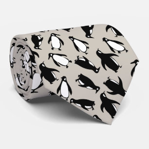 Cute black white penguin pattern grey background tie