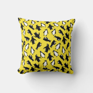 Cute black white penguin pattern yellow background throw pillow