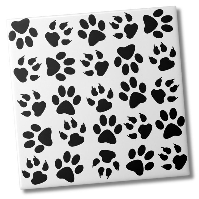 Cute Black White Pet Dog Paw Pattern Tile (Cute Simple Black White Pet Dog Paw Print Pattern Ceramic Tile)