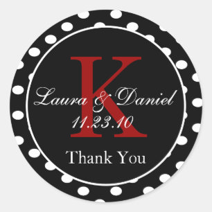 Cute Black White Red Polka Dots Monogram Wedding Classic Round Sticker