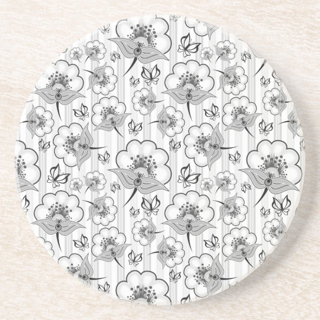 Cute black white seamless flowers patterns coaster (Front)