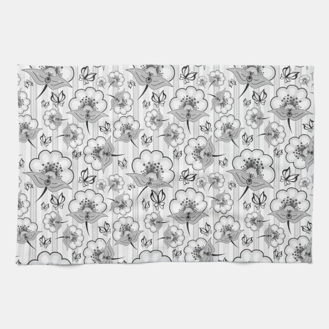 Cute black white seamless flowers patterns kitchen towel (Horizontal)
