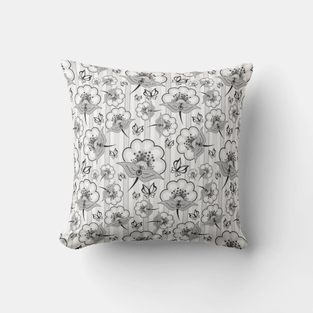 Cute black white seamless flowers patterns throw pillow (Front)