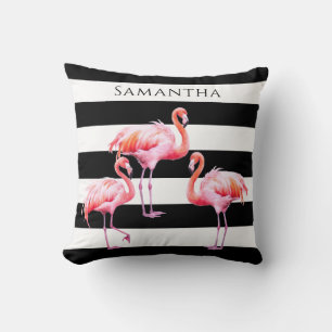 Cute Black White Stripe Pink Flamingo Custom Name Throw Pillow