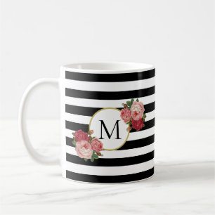 Cute Black White Striped Vintage Roses Monogram Coffee Mug