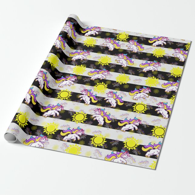 Cute Black White Sunny Unicorn Stripes Design Wrapping Paper (Unrolled)