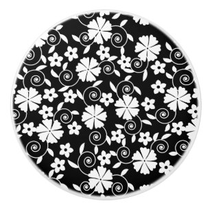 Cute black white swirl flowers pattern ceramic knob
