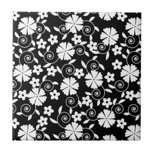 Cute black white swirl flowers pattern tile