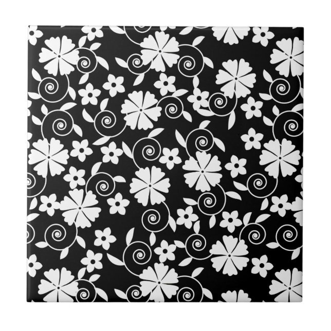 Cute black white swirl flowers pattern tile (Front)