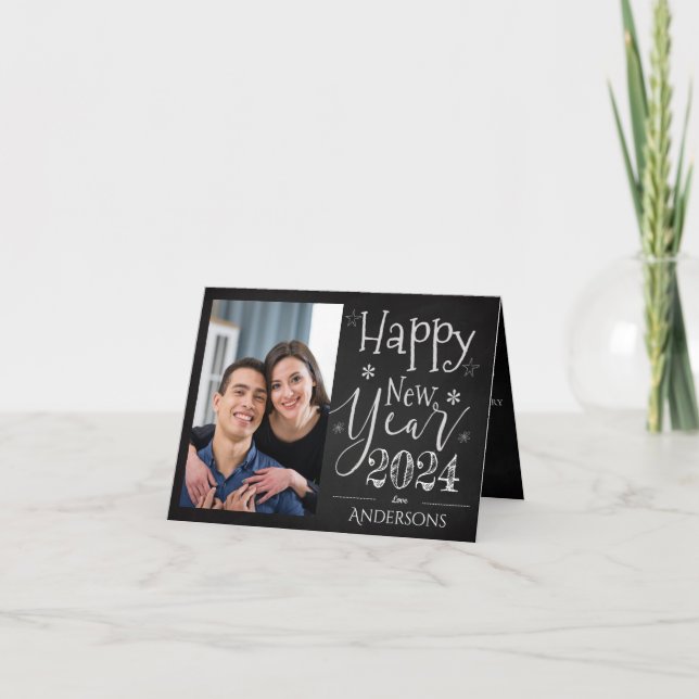 Cute Black White Typography Happy New Year Photo Card (Front)